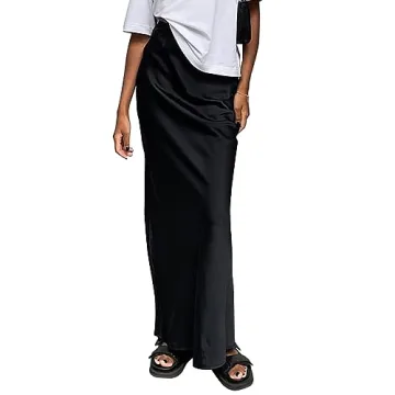Amy Babe Women's Elegant Satin Silky High Waist Maxi Skirt with Elastic Waistband (Black, Small)