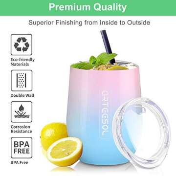 Wine Tumbler Glasses, Arteesol Coffee Tumbler with Lids Insulated Wine Glass Stainless Steel Multi P...