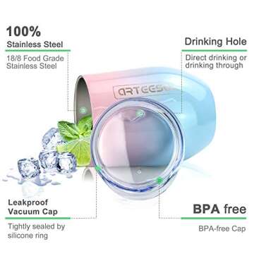 Wine Tumbler Glasses, Arteesol Coffee Tumbler with Lids Insulated Wine Glass Stainless Steel Multi Pack/Color12oz Double Wall Vacuum Unbreakable Cups for Wine/Coffee/Drinks/Champagne/Cocktails