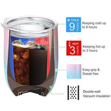 Wine Tumbler Glasses, Arteesol Coffee Tumbler with Lids Insulated Wine Glass Stainless Steel Multi Pack/Color12oz Double Wall Vacuum Unbreakable Cups for Wine/Coffee/Drinks/Champagne/Cocktails