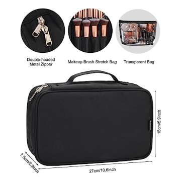 Makeup Brush Bag, Makeup Brush Organizer Cosmetic Bags Makeup Artist Case with Belt Strap Holder Multi functional Cosmetic Bag Makeup Handbag for Travel & Home Gift (Black)