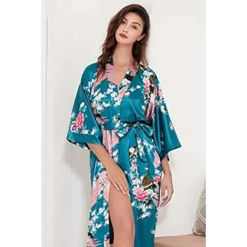 BABEYOND Women's Kimono Robe Long Satin Silky Robes with Peacock and Blossoms Printed Kimono Nightgown