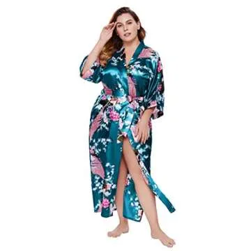 BABEYOND Women's Kimono Robe Long Satin Silky Robes with Peacock and Blossoms Printed Kimono Nightgown