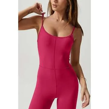 QINSEN Flare Jumpsuits for Women Adjustable Straps Scoop Neck Bodycon Full Length Unitard Playsuit Rosy S