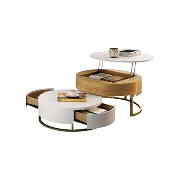 Pucloce Lift Top Coffee Table with Hidden Compartment White Round Coffee Tables for Living Room Coffee Shop Elegance Gold Frame Center Table 31.5" Natural