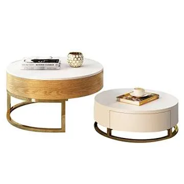 Pucloce Lift Top Coffee Table with Hidden Compartment White Round Coffee Tables for Living Room Coffee Shop Elegance Gold Frame Center Table 31.5" Natural