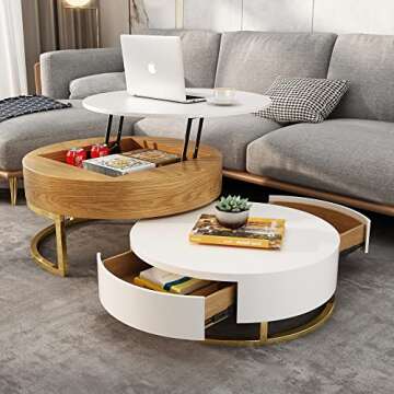 Pucloce Lift Top Coffee Table with Hidden Compartment White Round Coffee Tables for Living Room Coffee Shop Elegance Gold Frame Center Table 31.5" Natural