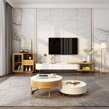 Pucloce Lift Top Coffee Table with Hidden Compartment White Round Coffee Tables for Living Room Coffee Shop Elegance Gold Frame Center Table 31.5" Natural