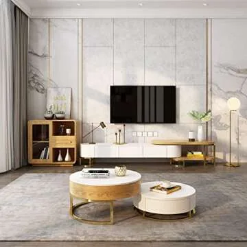 Pucloce Lift Top Coffee Table with Hidden Compartment White Round Coffee Tables for Living Room Coffee Shop Elegance Gold Frame Center Table 31.5" Natural