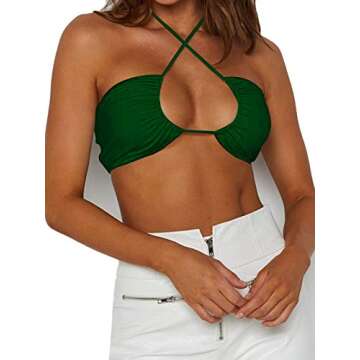 Women Y2k Sexy Lace Up Bomb Corset Cropped Tank Bikini Criss Cross Underboob Crop Top Summer Party Going Out Shirts Bustier Costumes Outfits Dark Green L