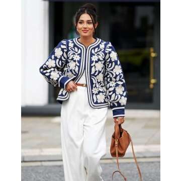 COZYPOIN Women's Floral Quilted Jacket Short Front Open Print Long Sleeve Lightweight Coat(Blue-L)