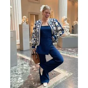 COZYPOIN Women's Floral Quilted Jacket Short Front Open Print Long Sleeve Lightweight Coat(Blue-L)