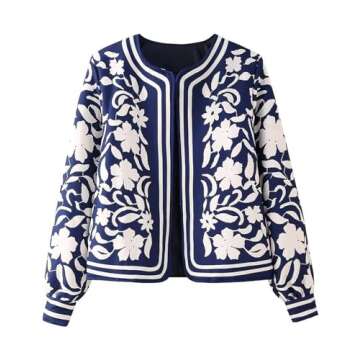 COZYPOIN Women's Floral Quilted Jacket Short Front Open Print Long Sleeve Lightweight Coat(Blue-L)