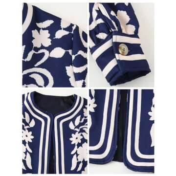 COZYPOIN Women's Floral Quilted Jacket Short Front Open Print Long Sleeve Lightweight Coat(Blue-L)