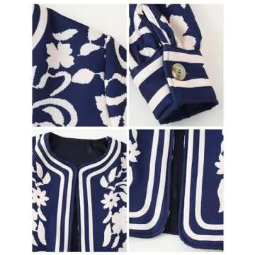 COZYPOIN Women's Floral Quilted Jacket Short Front Open Print Long Sleeve Lightweight Coat(Blue-L)