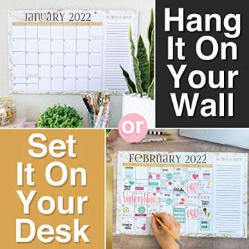 Gold Marble 2021-2022 Desk Calendar, Large Monthly Wall Planner, 18 Month Academic Desktop Calendar or Fridge Planning Blotter Pad, White Notes Section for Teacher, Family or Business Office 11x17"