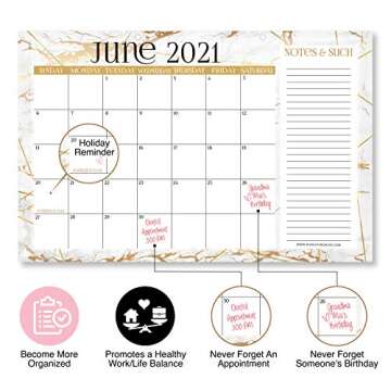 Gold Marble 2021-2022 Desk Calendar, Large Monthly Wall Planner, 18 Month Academic Desktop Calendar or Fridge Planning Blotter Pad, White Notes Section for Teacher, Family or Business Office 11x17"