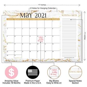 Gold Marble 2021-2022 Desk Calendar, Large Monthly Wall Planner, 18 Month Academic Desktop Calendar or Fridge Planning Blotter Pad, White Notes Section for Teacher, Family or Business Office 11x17"