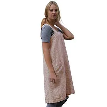 Women's Pinafore Square Apron Baking Cooking Gardening Works Cross Back Cotton/Linen Blend Dress with 2 Pockets Pink-L