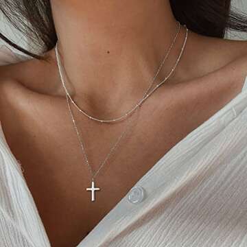 Tewiky Double Silver Layered Necklaces Set for Women, Dainty Simple Cross Pendant Choker Necklaces Cute Trendy Jewelry Gifts for Women