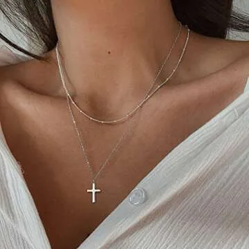 Tewiky Dainty Silver Layered Cross Necklace Set for Women