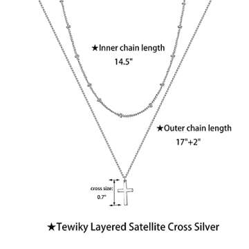 Tewiky Double Silver Layered Necklaces Set for Women, Dainty Simple Cross Pendant Choker Necklaces Cute Trendy Jewelry Gifts for Women