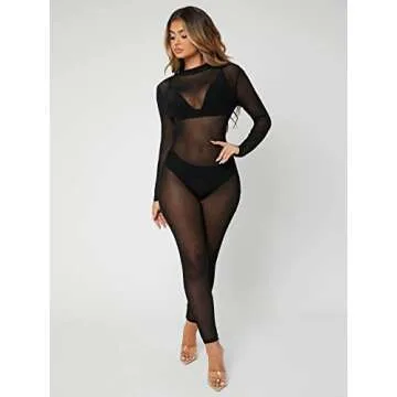 MakeMeChic Women's Long Sleeve Cut Out Back Sheer Mesh Skinny Jumpsuit Black S