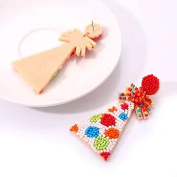 Boderier Birthday Earrings Beaded Happy Birthday Cake Drop Dangle Earrings Handmade Statement Birthday Gifts for Women (Colorful Party Hat)