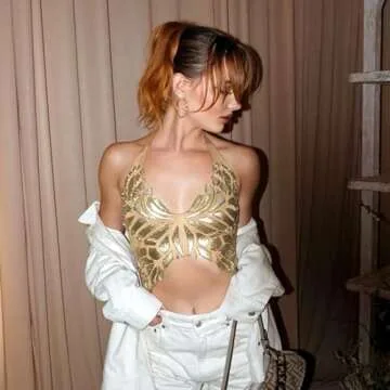 Stylish JUMISEE Gold Glitter Butterfly Crop Top for Festivals