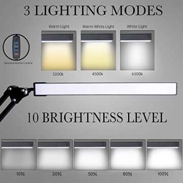 LED Desk Lamp, Adjustable Swing Arm Lamp with Clamp, Eye-Caring Reading Light, 10 Brightness Levels,...