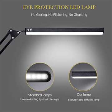 LED Desk Lamp, Adjustable Swing Arm Lamp with Clamp, Eye-Caring Reading Light, 10 Brightness Levels, 3 Lighting Modes, Memory Function Lamps for Home Office Adapter (Black)
