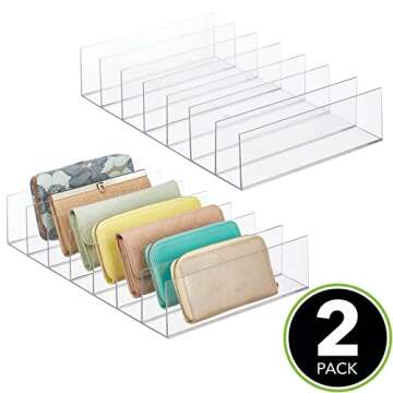 mDesign Plastic Divided Clutch Organizer for Closets, Bedrooms, Dressers - Closet Shelf Storage Solution for Purses, Wallets, Bill Folds, and Accessories, 7 Sections, Lumiere Collection, 2 Pack, Clear