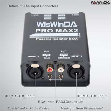 WisWinDa Pro Max2 2Channels XLR/RCA/TS/TRS Passive Hum Eliminator Box for Audio Equipments Ground Loop Isolator Noise Filter for Different Audio Systems Using (WDISO-Pro Max2)