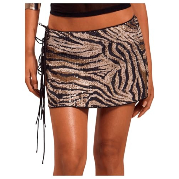 SOLY HUX Women's Sequin Lace Up Tie Side Mini Skirt - Zebra Striped Design