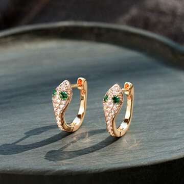 MEVECCO Dainty Gold Snake Huggie Hoop Earrings for Women 18K Gold Plated Green Eyes Snake Earrings Snake Hoop Earrings Minimalist Dangling Snake Earrings