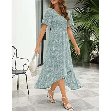 Zattcas Womens 2023 Smocked Maxi Dress Short Sleeve Vneck Casual Summer High Low Flowy Long Dress