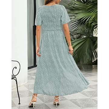 Zattcas Womens 2023 Smocked Maxi Dress Short Sleeve Vneck Casual Summer High Low Flowy Long Dress