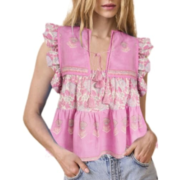 Women Boho Tie Front Peplum Top Floral Print Flowy Fringe Shirt Square Neck Ruffle Tank Top Going Out Blouse Tops