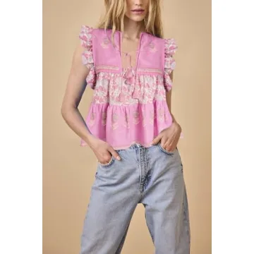 Women Boho Tie Front Peplum Top Floral Print Flowy Fringe Shirt Square Neck Ruffle Tank Top Going Out Blouse Tops