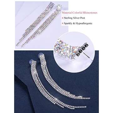 FOCALOOK Rhinestone Earrings for Women Sparkly Prom Earrings Long Dangle Drop Iridescent Earrings