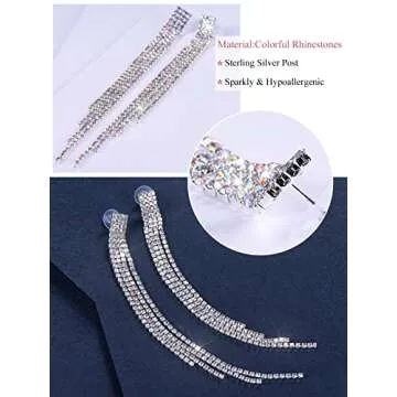 FOCALOOK Rhinestone Earrings for Women Sparkly Prom Earrings Long Dangle Drop Iridescent Earrings