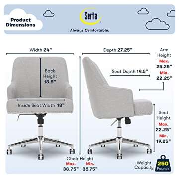 Serta Leighton Home Office Memory Foam, Height-Adjustable Desk Accent Chair with Chrome-Finished Sta...