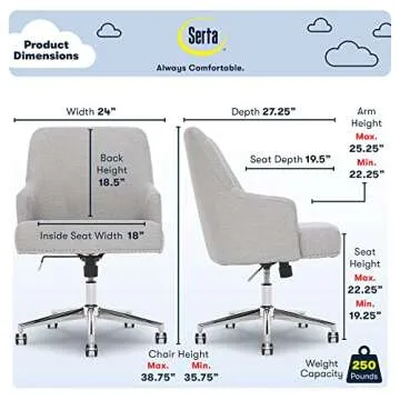 Serta Leighton Home Office Memory Foam, Height-Adjustable Desk Accent Chair with Chrome-Finished Sta...