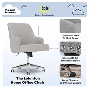 Serta Leighton Home Office Memory Foam, Height-Adjustable Desk Accent Chair with Chrome-Finished Stainless-Steel Base, Light Gray