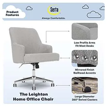 Serta Leighton Home Office Memory Foam, Height-Adjustable Desk Accent Chair with Chrome-Finished Stainless-Steel Base, Light Gray