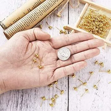 Craftdady 100Pcs Gold Ball Post Earring Studs 16x5mm Brass Ear Pins with 1.5mm Loop for Jewelry Earring Making