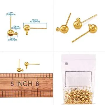 Craftdady 100Pcs Gold Ball Post Earring Studs 16x5mm Brass Ear Pins with 1.5mm Loop for Jewelry Earring Making