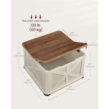VASAGLE Farmhouse Coffee Table with Storage, Square Coffee Table for Living Room, Center Table with Flip-Top Lids, Honey Brown and Rustic White ULCT232W73