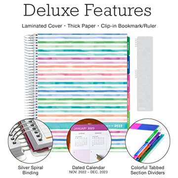 Global Printed Products Deluxe Planner 14 Months (Nov 2022 - Dec 2023) 8.5"x11" Includes Page Tabs, Planning Stickers, Pocket Folder Daily Weekly Monthly Planner Yearly Agenda (Watercolor Stripes)