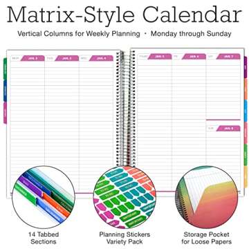 Global Printed Products Deluxe Planner 14 Months (Nov 2022 - Dec 2023) 8.5"x11" Includes Page Tabs, Planning Stickers, Pocket Folder Daily Weekly Monthly Planner Yearly Agenda (Watercolor Stripes)